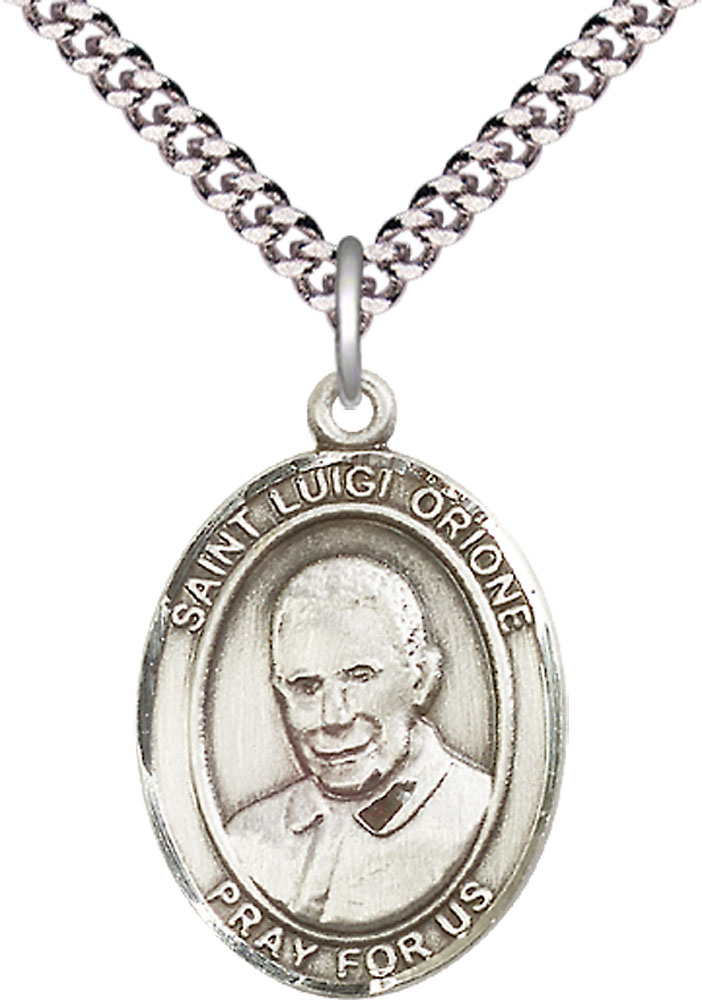 Sterling Silver Saint Luigi Orione Pendant on a 24 inch Light Rhodium Heavy Curb chain