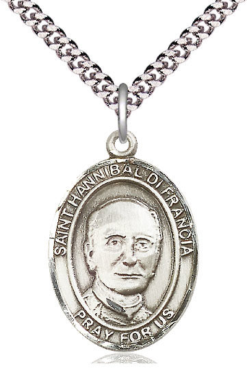 Sterling Silver Saint Hannibal Pendant on a 24 inch Light Rhodium Heavy Curb chain