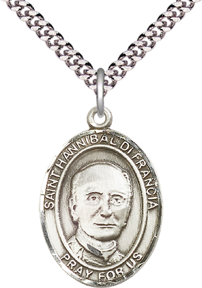 Sterling Silver Saint Hannibal Pendant on a 24 inch Light Rhodium Heavy Curb chain