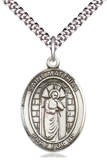 Sterling Silver Saint Matthias the Apostle Pendant on a 24 inch Light Rhodium Heavy Curb chain