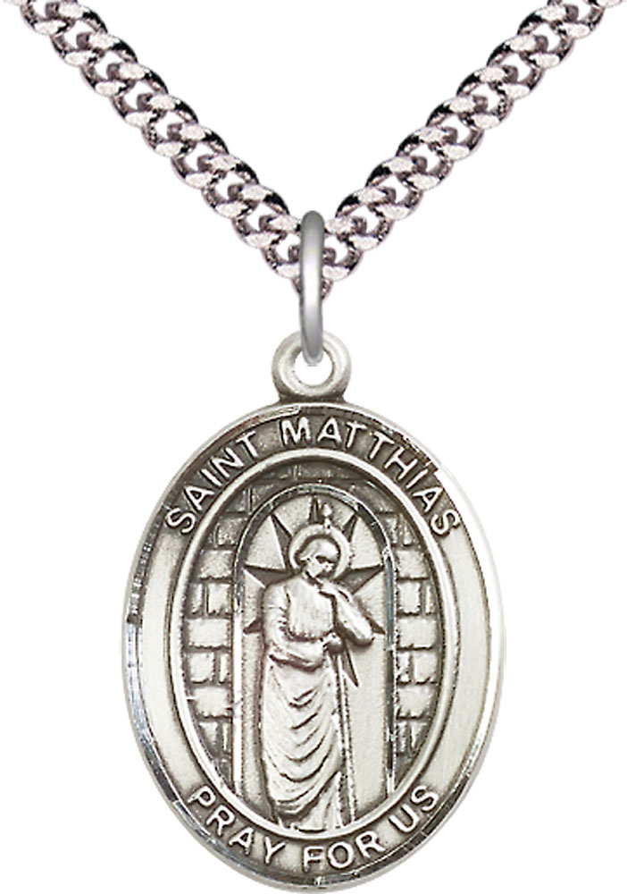 Sterling Silver Saint Matthias the Apostle Pendant on a 24 inch Light Rhodium Heavy Curb chain