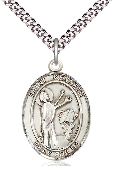 Sterling Silver Saint Kenneth Pendant on a 24 inch Light Rhodium Heavy Curb chain