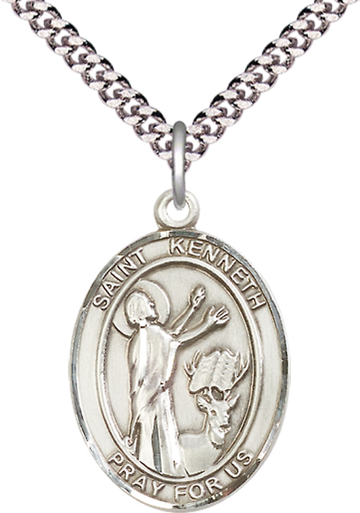 Sterling Silver Saint Kenneth Pendant on a 24 inch Light Rhodium Heavy Curb chain