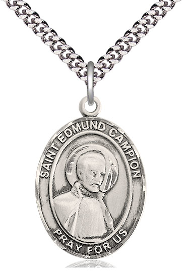 Sterling Silver Saint Edmund Campion Pendant on a 24 inch Light Rhodium Heavy Curb chain