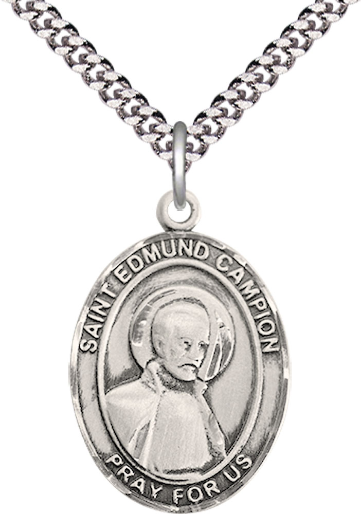 Sterling Silver Saint Edmund Campion Pendant on a 24 inch Light Rhodium Heavy Curb chain