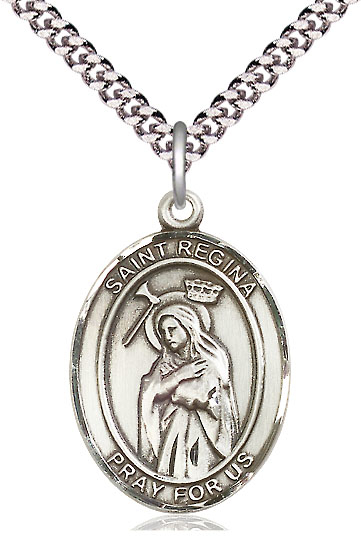 Sterling Silver Saint Regina Pendant on a 24 inch Light Rhodium Heavy Curb chain