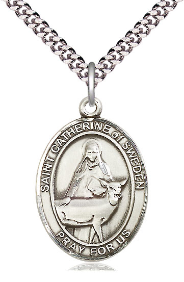 Sterling Silver Saint Catherine of Sweden Pendant on a 24 inch Light Rhodium Heavy Curb chain