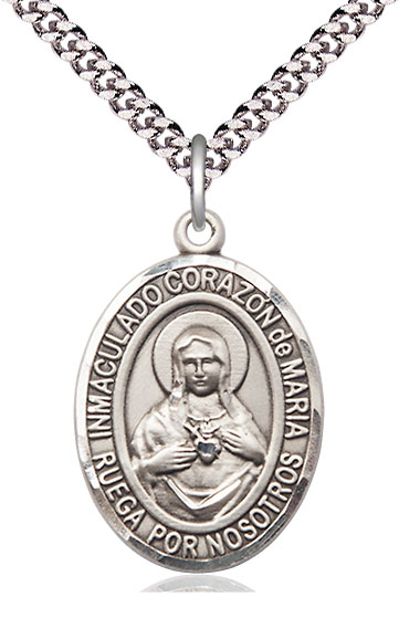 Sterling Silver Corazon Inmaculado de Maria Pendant on a 24 inch Light Rhodium Heavy Curb chain