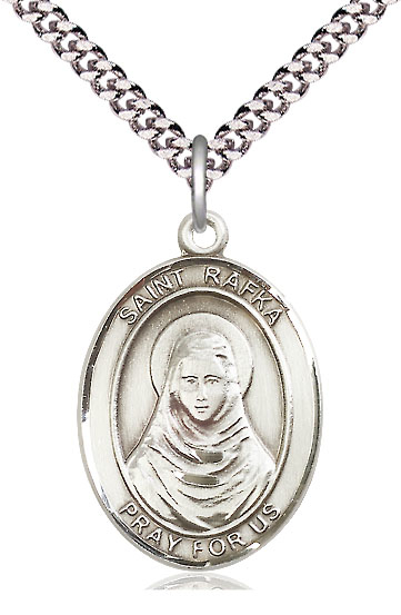 Sterling Silver Saint Rafka Pendant on a 24 inch Light Rhodium Heavy Curb chain