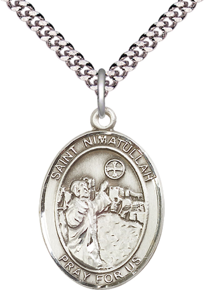 Sterling Silver Saint Nimatullah Pendant on a 24 inch Light Rhodium Heavy Curb chain