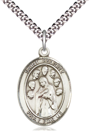 Sterling Silver Saint Felicity Pendant on a 24 inch Light Rhodium Heavy Curb chain