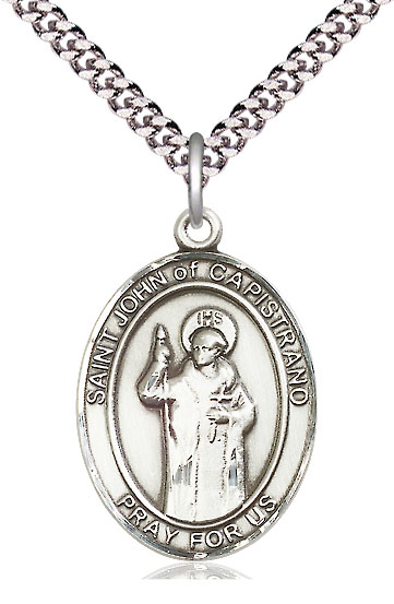 Sterling Silver Saint John of Capistrano Pendant on a 24 inch Light Rhodium Heavy Curb chain