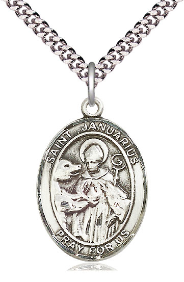 Sterling Silver Saint Januarius Pendant on a 24 inch Light Rhodium Heavy Curb chain