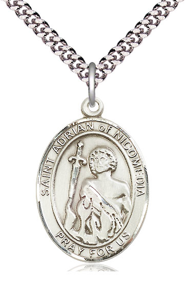 Sterling Silver Saint Adrian of Nicomedia Pendant on a 24 inch Light Rhodium Heavy Curb chain