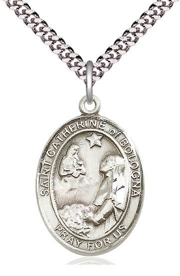 Sterling Silver Saint Catherine of Bologna Pendant on a 24 inch Light Rhodium Heavy Curb chain