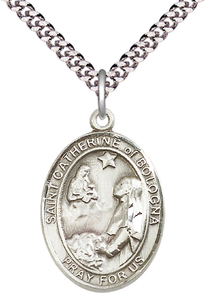 Sterling Silver Saint Catherine of Bologna Pendant on a 24 inch Light Rhodium Heavy Curb chain