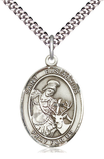 Sterling Silver Saint Eustachius Pendant on a 24 inch Light Rhodium Heavy Curb chain