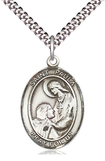 Sterling Silver Saint Paula Pendant on a 24 inch Light Rhodium Heavy Curb chain