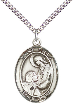Sterling Silver Saint Paula Pendant on a 24 inch Light Rhodium Heavy Curb chain