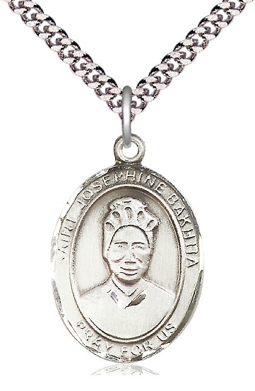 Sterling Silver Saint Josephine Bakhita Pendant on a 24 inch Light Rhodium Heavy Curb chain