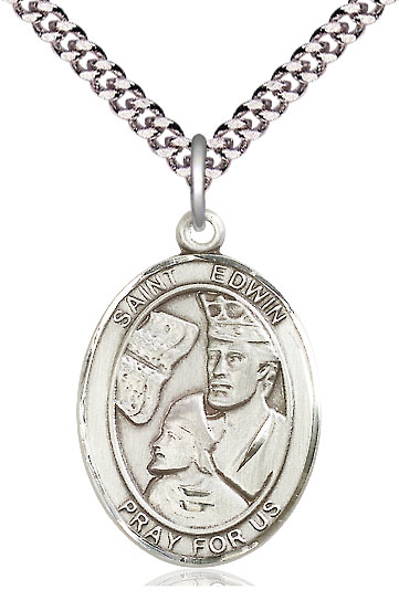 Sterling Silver Saint Edwin Pendant on a 24 inch Light Rhodium Heavy Curb chain