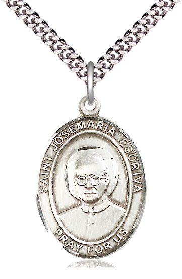 Sterling Silver Saint Josemaria Escriva Pendant on a 24 inch Light Rhodium Heavy Curb chain