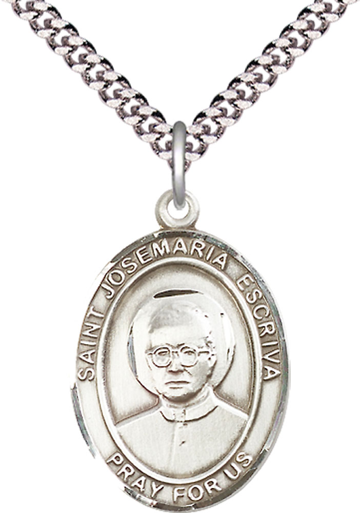 Sterling Silver Saint Josemaria Escriva Pendant on a 24 inch Light Rhodium Heavy Curb chain
