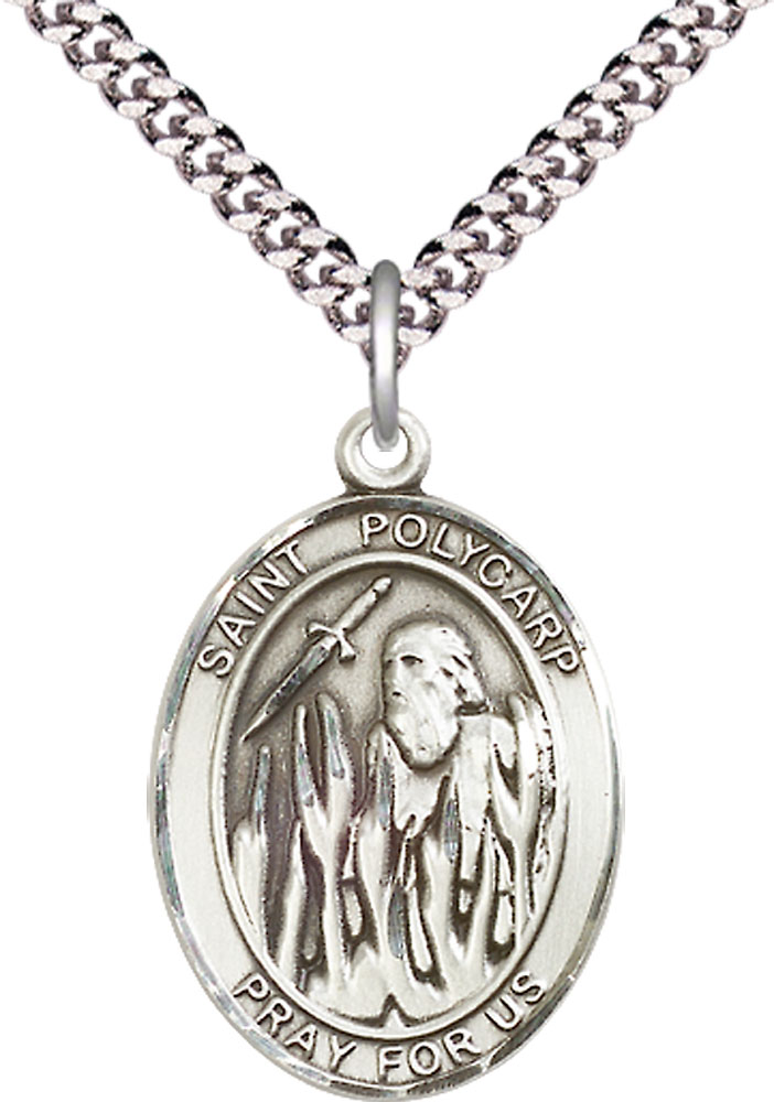 Sterling Silver Saint Polycarp of Smyrna Pendant on a 24 inch Light Rhodium Heavy Curb chain