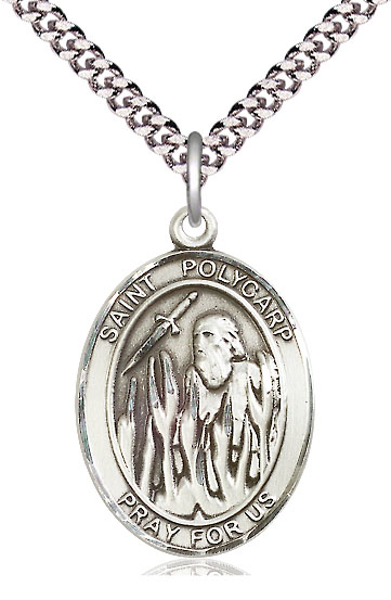 Sterling Silver Saint Polycarp of Smyrna Pendant on a 24 inch Light Rhodium Heavy Curb chain