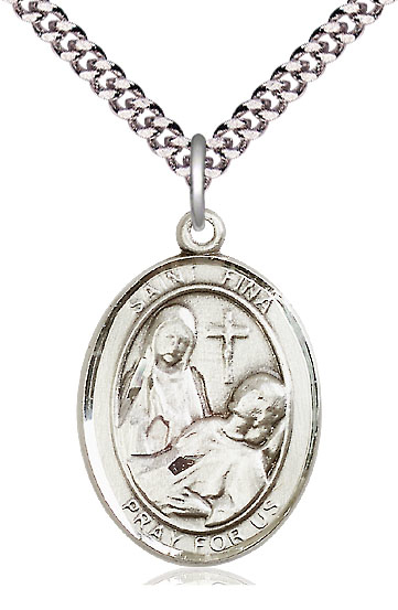 Sterling Silver Saint Fina Pendant on a 24 inch Light Rhodium Heavy Curb chain