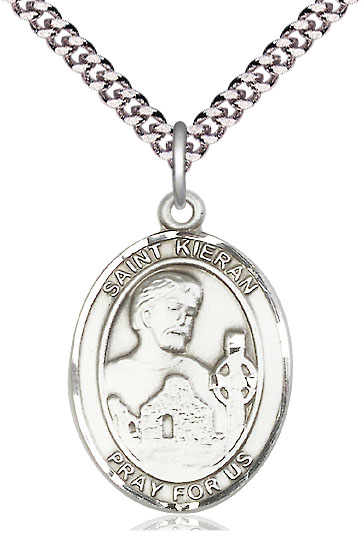 Sterling Silver Saint Kieran Pendant on a 24 inch Light Rhodium Heavy Curb chain