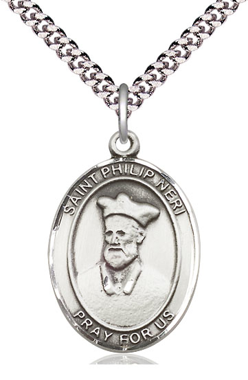 Sterling Silver Saint Philip Neri Pendant on a 24 inch Light Rhodium Heavy Curb chain