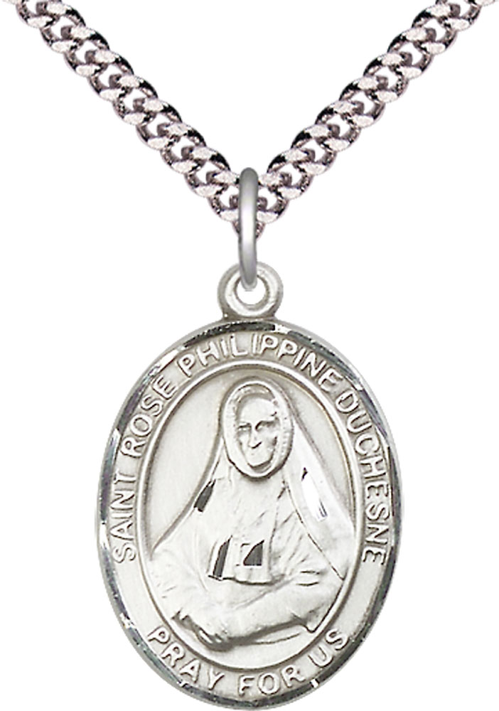 Sterling Silver Saint Rose Philippine Pendant on a 24 inch Light Rhodium Heavy Curb chain