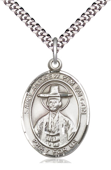 Sterling Silver Saint Andrew Kim Taegon Pendant on a 24 inch Light Rhodium Heavy Curb chain