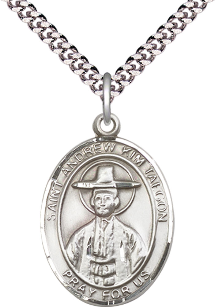 Sterling Silver Saint Andrew Kim Taegon Pendant on a 24 inch Light Rhodium Heavy Curb chain