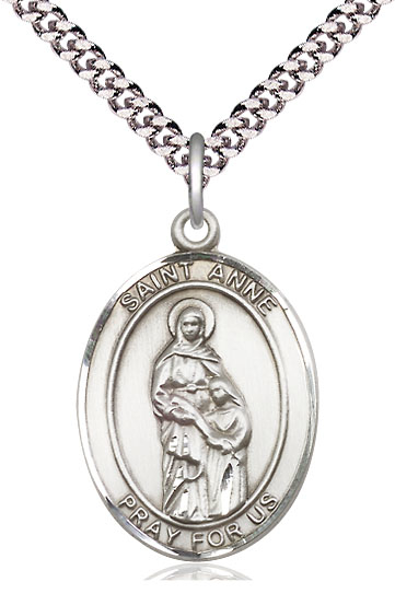 Sterling Silver Saint Anne Pendant on a 24 inch Light Rhodium Heavy Curb chain