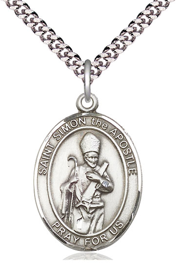 Sterling Silver Saint Simon Pendant on a 24 inch Light Rhodium Heavy Curb chain