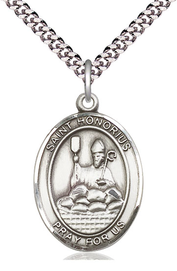 Sterling Silver Saint Honorius Pendant on a 24 inch Light Rhodium Heavy Curb chain