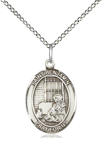 Sterling Silver Saint Benjamin Pendant on a 18 inch Sterling Silver Light Curb chain