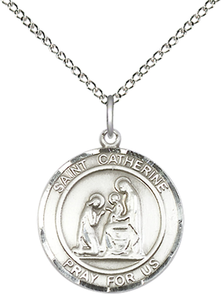 Sterling Silver Saint Catherine of Siena Pendant on a 18 inch Sterling Silver Light Curb chain