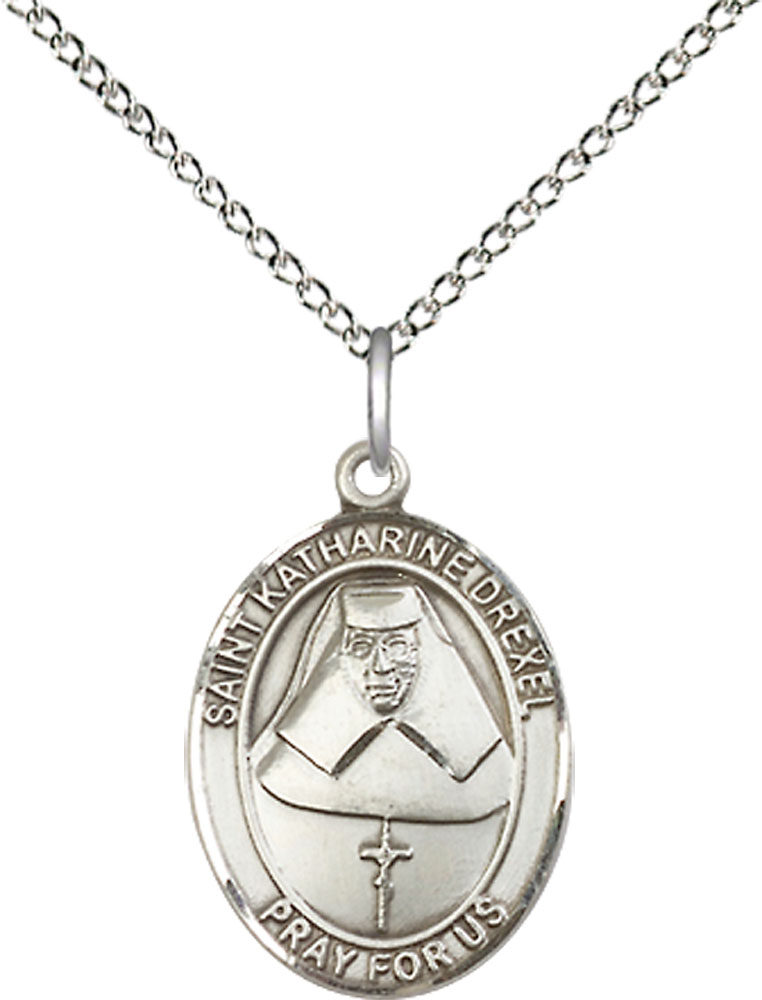 Sterling Silver Saint Katharine Drexel Pendant on a 18 inch Sterling Silver Light Curb chain