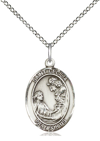 Sterling Silver Saint Cecilia Pendant on a 18 inch Sterling Silver Light Curb chain