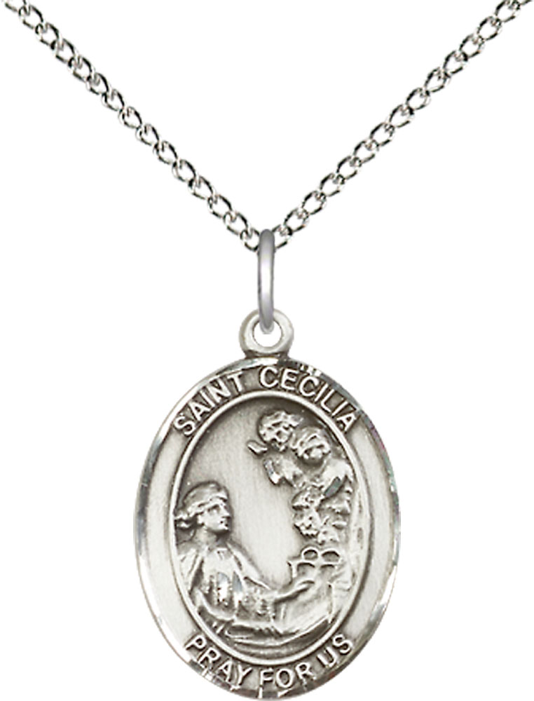 Sterling Silver Saint Cecilia Pendant on a 18 inch Sterling Silver Light Curb chain