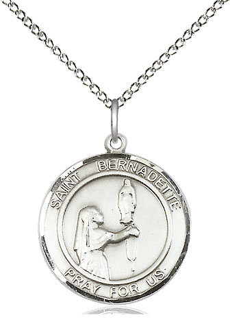 Sterling Silver Saint Bernadette Pendant on a 18 inch Sterling Silver Light Curb chain