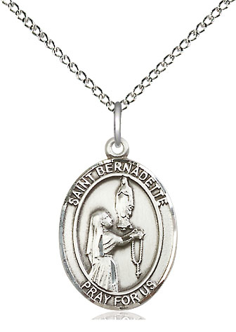 Sterling Silver Saint Bernadette Pendant on a 18 inch Sterling Silver Light Curb chain