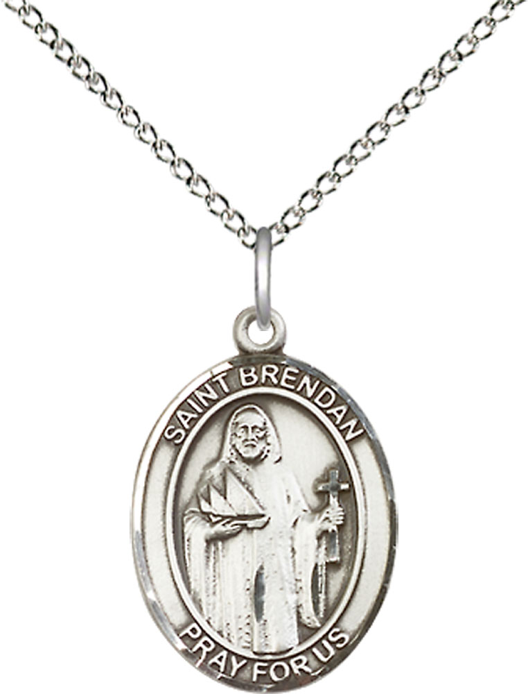Sterling Silver Saint Brendan the Navigator Pendant on a 18 inch Sterling Silver Light Curb chain