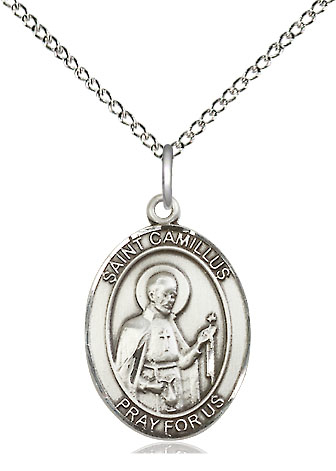 Sterling Silver Saint Camillus of Lellis Pendant on a 18 inch Sterling Silver Light Curb chain