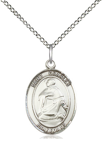 Sterling Silver Saint Charles Borromeo Pendant on a 18 inch Sterling Silver Light Curb chain