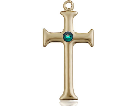 14kt Gold Filled Cross Medal with a 3mm Emerald Swarovski stone