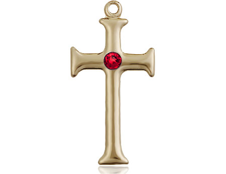 14kt Gold Filled Cross Medal with a 3mm Ruby Swarovski stone